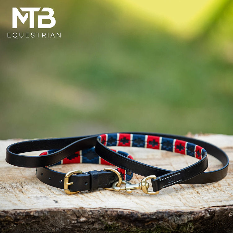 Leren Polo Halsband + Lijn Set Rood Wit Blauw – MTB Equestrian
