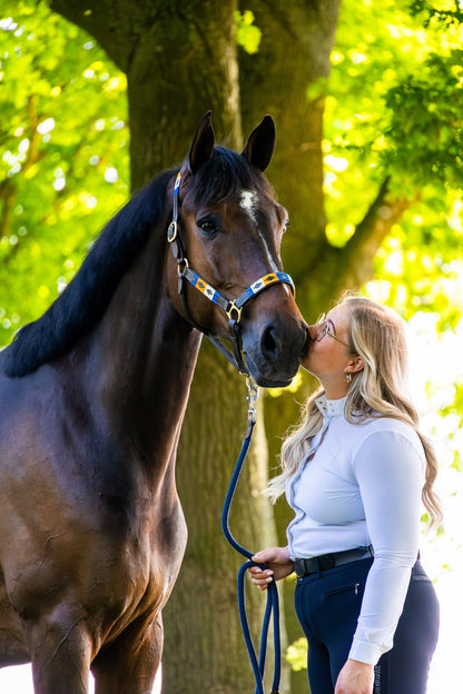 MTB Equestrian - Leren Polo Halster Goud Wit Blauw – Handgemaakt & Verstelbaar – MTB Equestrian - Halster